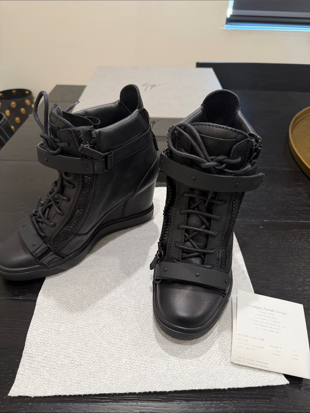 Giuseppe Zanotti Black Leather Wedge Lace-Up Ankle Boots with Straps
